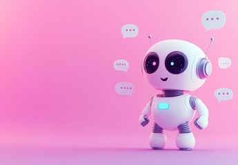 3d rendering. Smiling robot with mock up texts bubbles and messages. Generative AI.