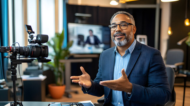 A mature businessman sits in an office, passionately presenting to a camera. He's engaged and speaks with animated gestures, creating a dynamic and professional atmosphere.