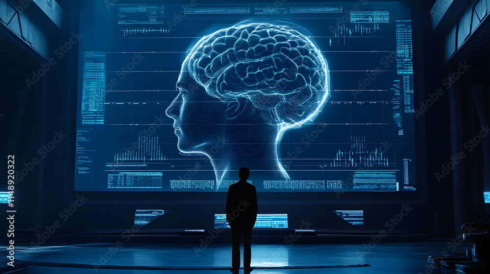 Poster a person stands silhouetted against a large screen displaying a digital rendering of a brain and com