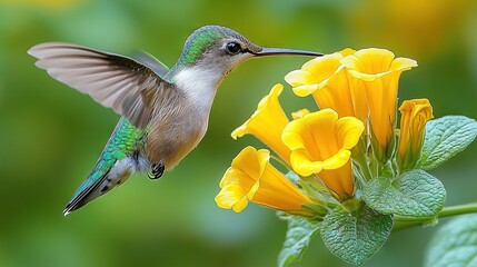 Fototapeta premium A hummingbird gracefully lands on a vibrant yellow blossom against a soft green backdrop of surrounding foliage
