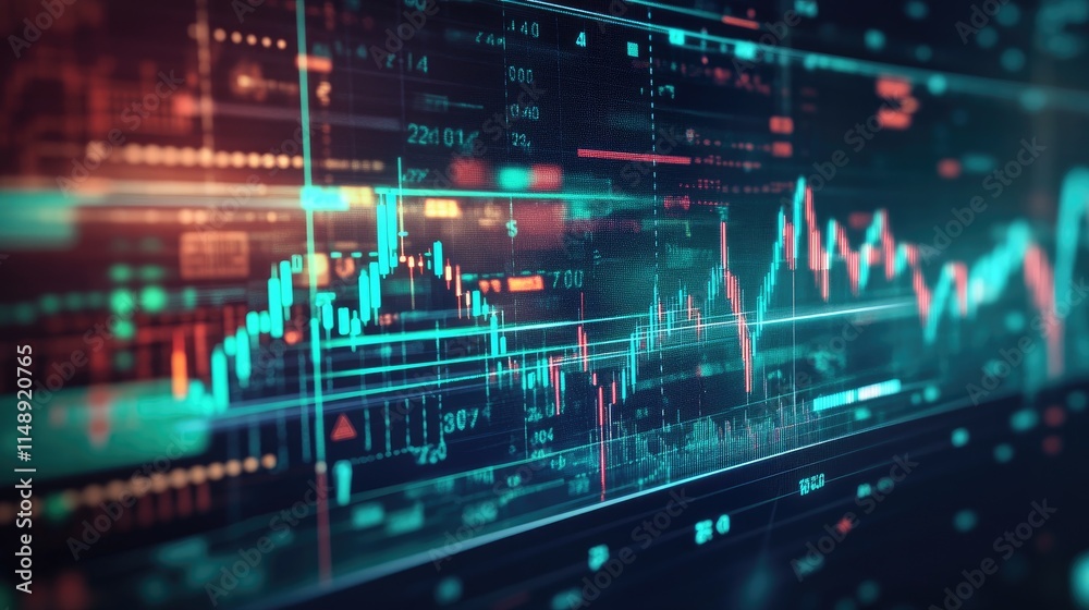 Poster abstract data visualization with colorful graphs displaying stock market trends and digital informat