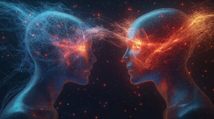 Two human figures made of particles exchange energy ideas. Figures face in profile view. Vibrant digital format shows visual representation of cognition, interaction. Surreal concept of human