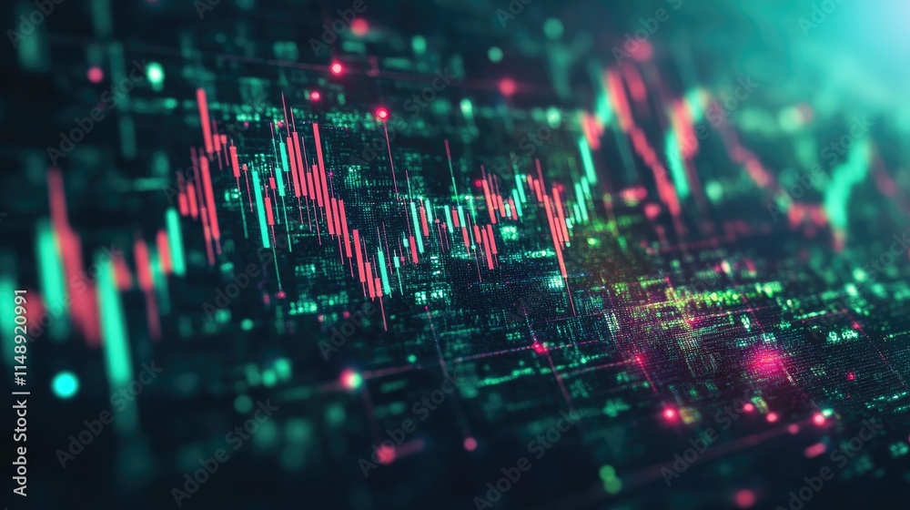 Poster futuristic abstract digital visualization of stock market data with colorful graph lines and data po