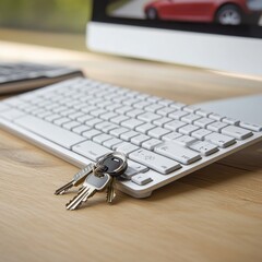 A close-up of a modern computer keyboard with a set of keys resting on it, capturing a blend of technology and everyday life.