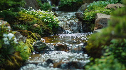 Fototapeta premium Tea gardens nestled in a valley, with a gentle stream flowing through, adding tranquility to the scene,