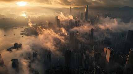Fototapeta premium Stunning Aerial View of Hong Kong Cityscape at Dawn, Showcasing Skyscrapers, Fog, and a Gold-Hued Skyline Above the Harbor and Mountains
