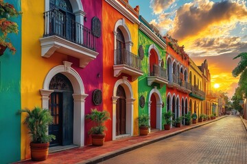 Fototapeta premium Colorful colonial architecture in Santo Domingo at sunset. Vibrant buildings line street. Picturesque street scene in Dominican Republic. Travel destination with historical landmark. Scenic view.
