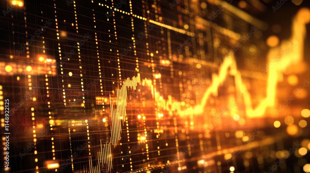 Poster dynamic golden upward trend graph with bright points and data visualization elements in a digital fi