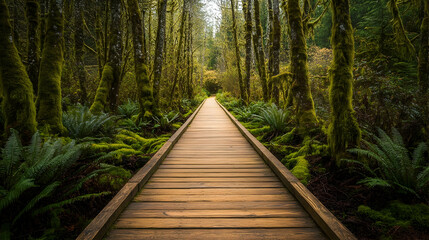 Fototapeta premium Oregon Forest Wooden Pathway with moss-covered trees and ferns, tranquil Pacific Northwest trail