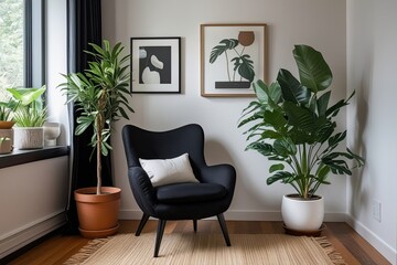 Stylish Black Chair with Potted Plant in Cozy Home Corner Design