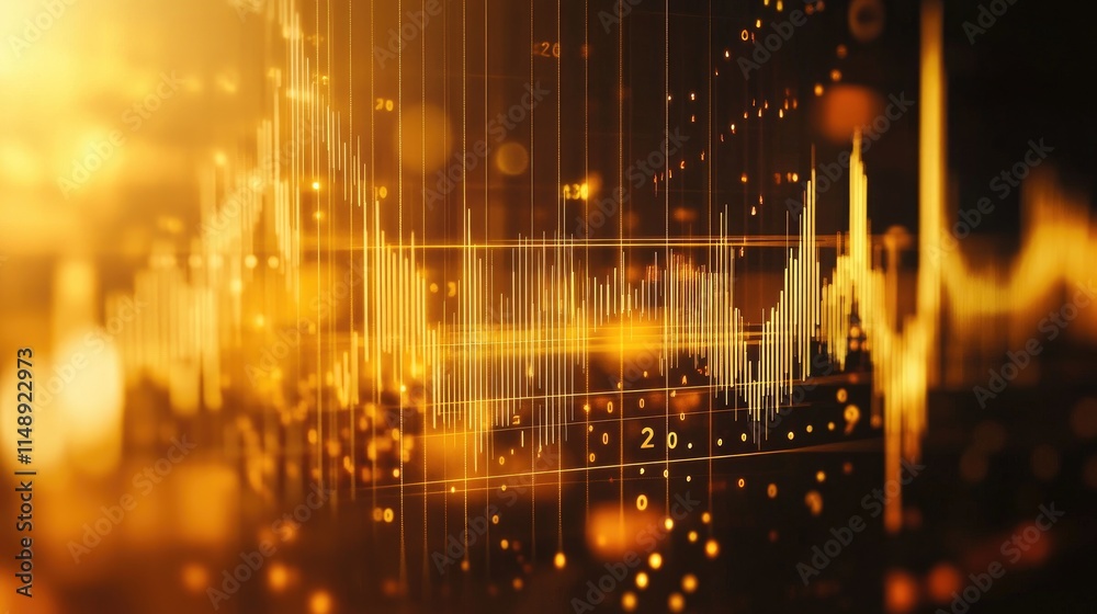 Poster abstract digital background with sound waveforms and bright golden particles illustrating audio sign