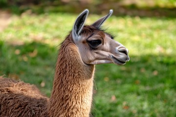Obraz premium Detailed profile image of a brown llama on grass in Cordoba Argentina
