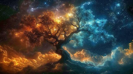 Obraz premium A midnight tree painting, featuring starry skies, cloudy backdrop