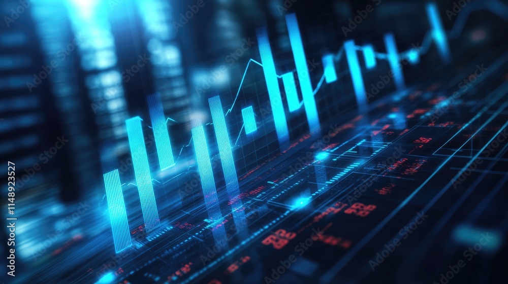 Poster dynamic data visualization with sharp blue financial graphs and metrics representing growth, trends,