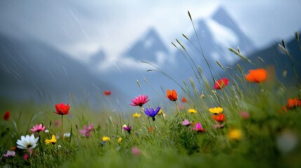 Fototapeta premium A field of wildflowers and daisies in the foreground with a majestic mountain range in the background