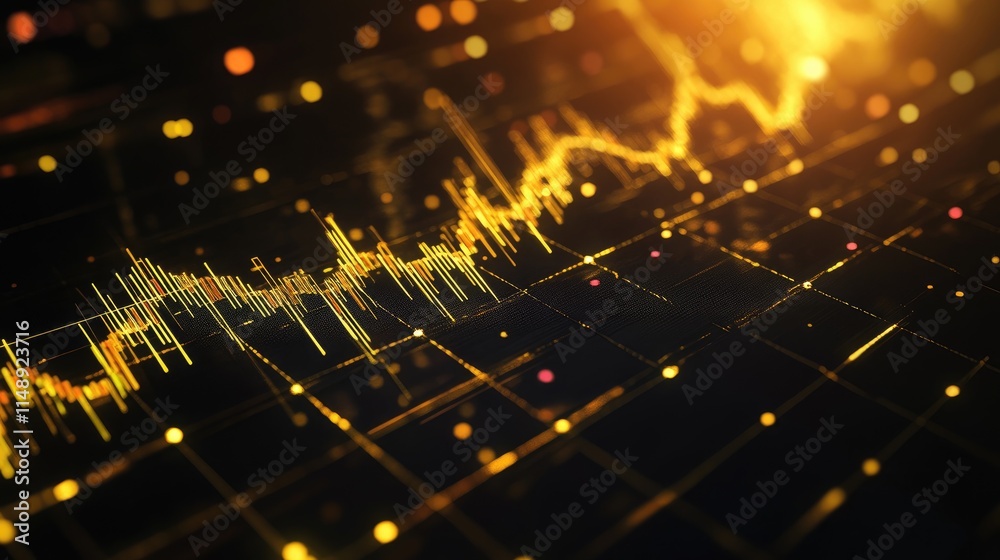 Poster abstract digital visualization of financial market trends with glowing line graphs and data points r