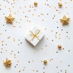 Festive gift setup with gold stars and glitter on a white background for celebration