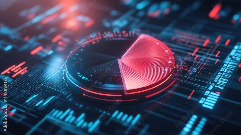 Poster futuristic data visualization with circular chart and digital indicators in red and blue, representi
