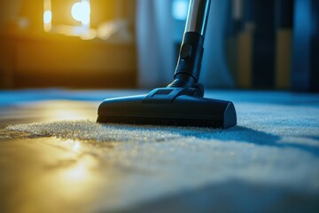 Detailing laminate and linoleum with a commercial vacuum close up using a telescopic turbo brush