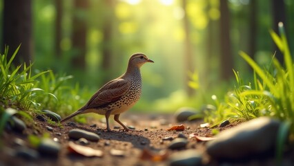 A close-up of a live codornices with intricate feather patterns, standing on hay in a peaceful farm setting, bathed in natural daylight.