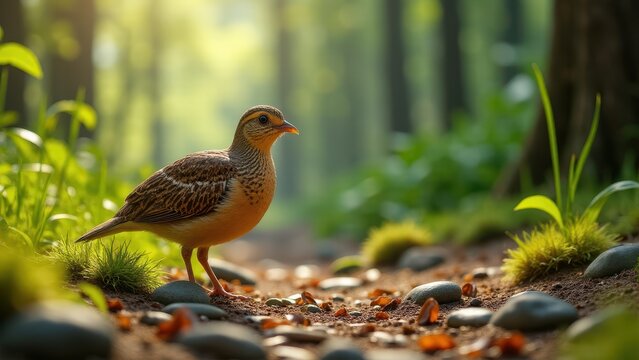 Photorealistic codornices in its natural environment, surrounded by grass and leaves, with sharp plumage details and sunlight filtering through the forest.