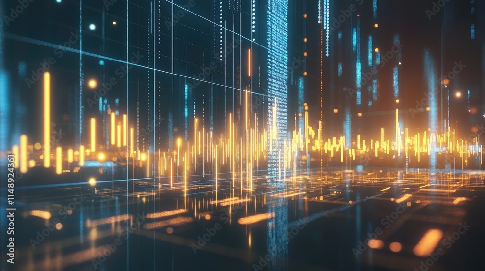 Poster abstract representation of digital waveforms and data visualizations in a futuristic environment wit
