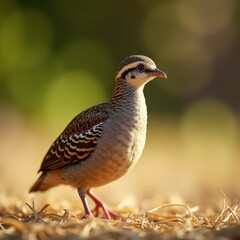 A beautiful codornices in a forest setting, standing on a bed of grass and rocks, its feather patterns sharply defined under soft sunlight.