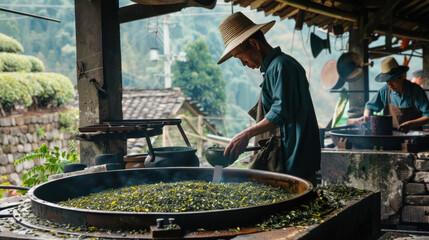 Fototapeta premium Workers operating traditional tea processing machines, blending old-world charm with functionality,