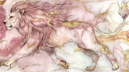 Obraz premium A golden and pink lion painting on a white background with a gold leaf on the side