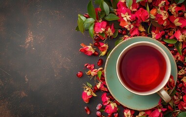 Dried pomegranate blooms and a cup of pomegranate tea as a culinary backdrop Flower petals for herbal tea Overhead view
