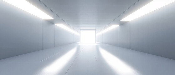 Bright, empty corridor with white walls and light reflections