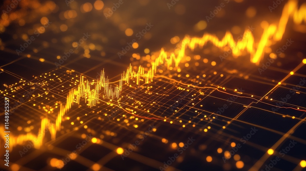Poster abstract financial data visualization with dynamic golden graph and light particles representing mar