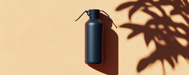 Fototapeta premium sleek black water bottle casting shadow on textured orange wall, showcasing modern design