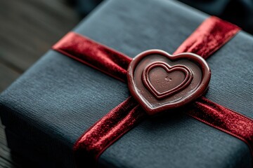Gift Box with Red Velvet Ribbon and Heart Wax Seal, Romantic Present for Valentine’s Day Surprise, Love Concept