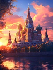 Fototapeta premium Saint Basil's Cathedral at Sunset: A breathtaking illustration of Saint Basil's Cathedral in Moscow, Russia, bathed in the warm, golden hues of a vibrant sunset.