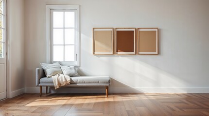 Fototapeta premium stylish and minimalist interior setting featuring a cozy seating area. The layout includes a plush, gray upholstered bench with a soft, textured beige throw draped over it.