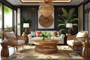 Tropical 3D Living Room Design with Rattan Chairs and Palm Wood Table Decor Ideas
