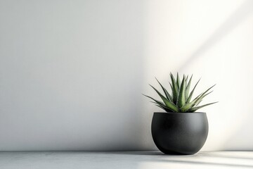 A single agave plant in a black pot sits against a minimalist white wall, bathed in sunlight.
