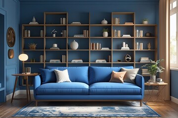 Modern Blue Sofa and Bookshelf in 3D Visualization for Cozy Interior Space
