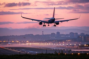 Twilight Airplane in Flight with Blurred Cityscape – Ideal for Travel, Aviation, or Business Themes.