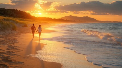 Fototapeta premium A couple walks hand-in-hand along a beach at sunset, creating a romantic atmosphere.