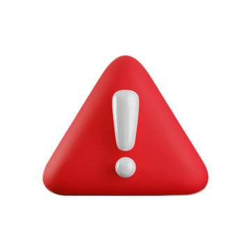 Vector Realistic 3d red triangle shape with white exclamation mark. Cartoon 3d render of warning sign, danger symbol, hazard notification isolated on white background.