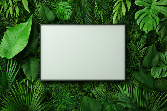 blank digital display screen surrounded by lush green foliage creates vibrant backdrop. Perfect for showcasing nature themed content