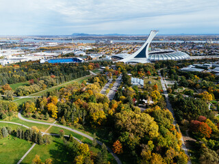 Aerial view of Botanic garden and stadium in the background. Montreal, Quebec, Canada