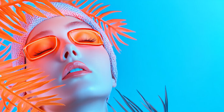 vibrant portrait of woman with orange sunglasses, surrounded by tropical leaves, exuding relaxed and stylish vibe