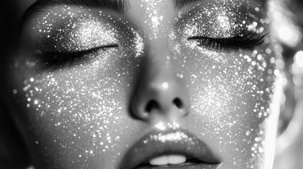 Glittering Silver Makeup On Closed Eyes Of A Woman
