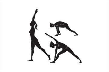 Set of black yoga pose icons, Yoga silhouette illustration. Yoga poses silhouette collection. Vector illustration