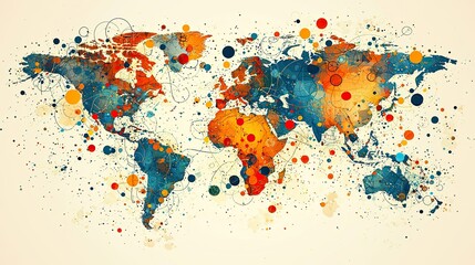 A colorful abstract world map with splashes and circles representing global diversity.