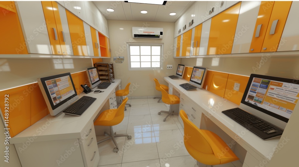 Canvas Prints a modern, well-organized computer lab with bright orange accents, featuring rows of desktop computer