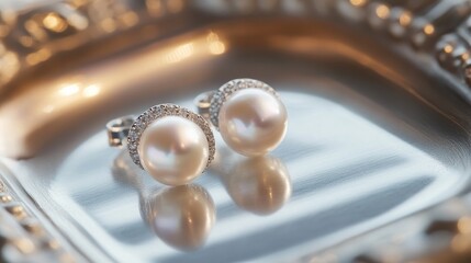 Elegant Pearl Earrings with Diamond Accents on a Polished Silver Tray, Captivating Luxury Jewelry Display for Style and Fashion Enthusiasts